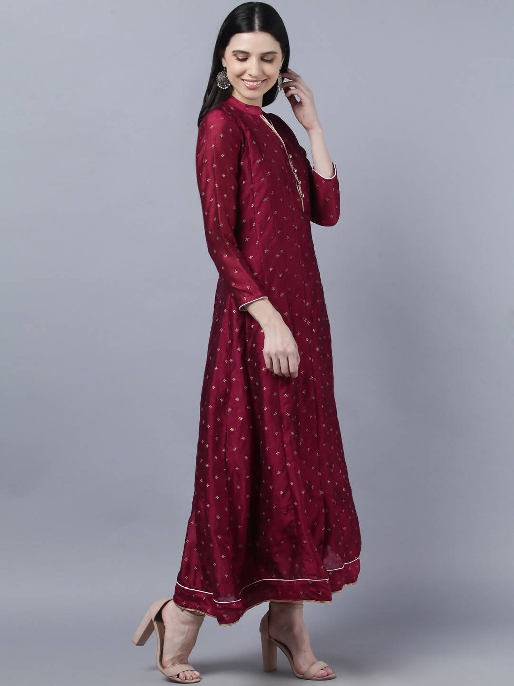 Myshka Women Brown Gold-Toned Anarkali Kurta With Dupatta