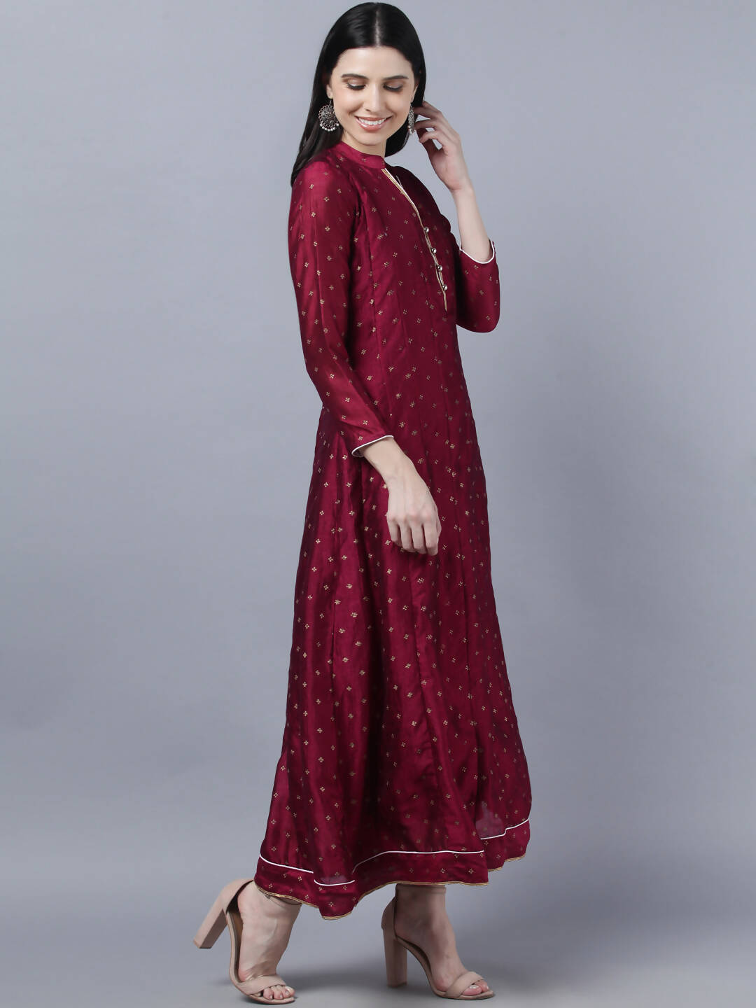 Myshka Women Brown Gold-Toned Anarkali Kurta With Dupatta