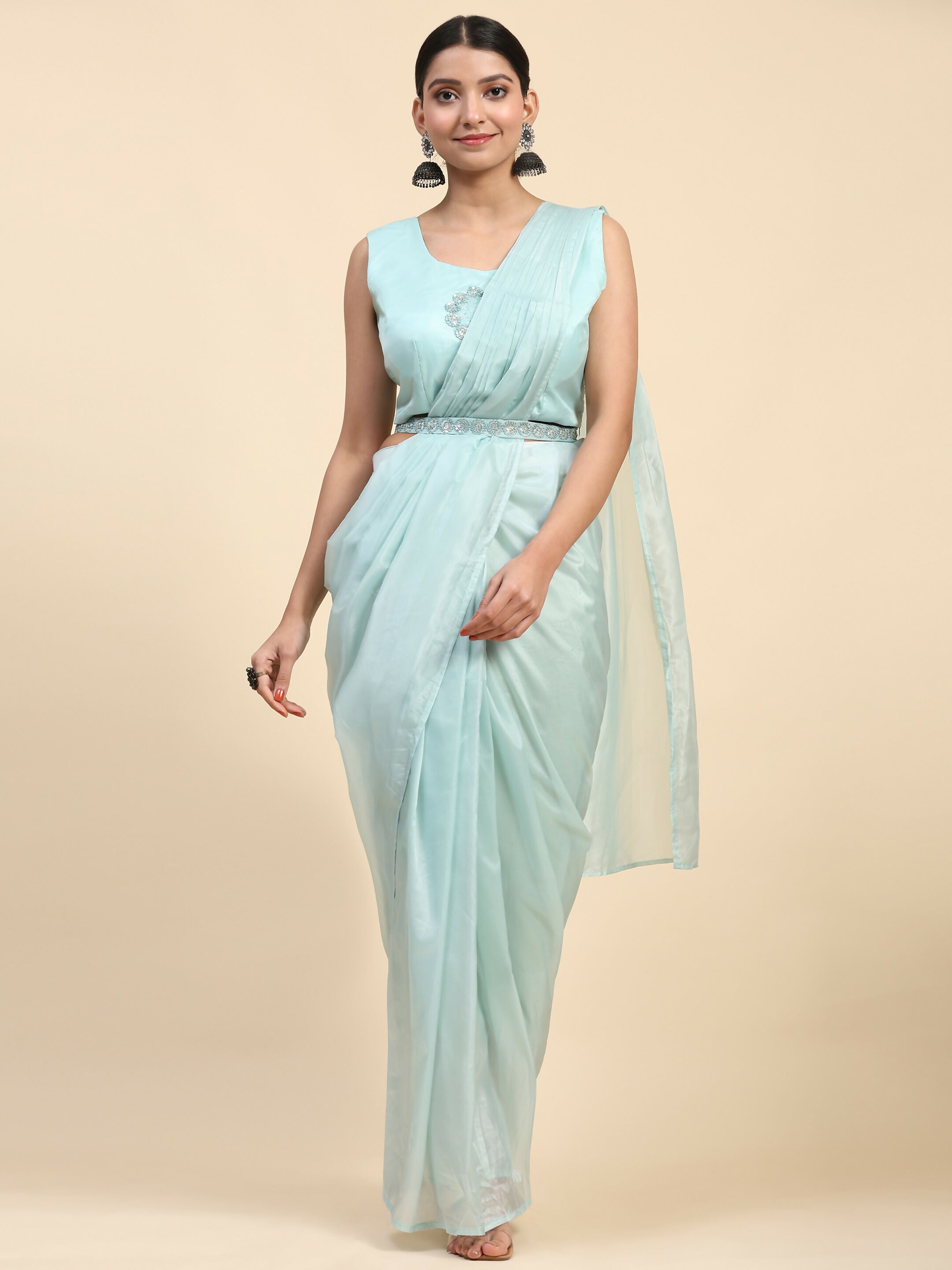 Blue Satin Solid Ready to wear Saree with stitched Blouse - Vanita