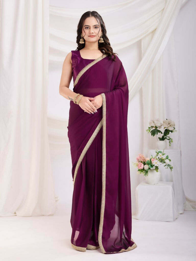 Purple Rangoli Silk Solid, Lace Border Ready To Wear Saree - Kashvi