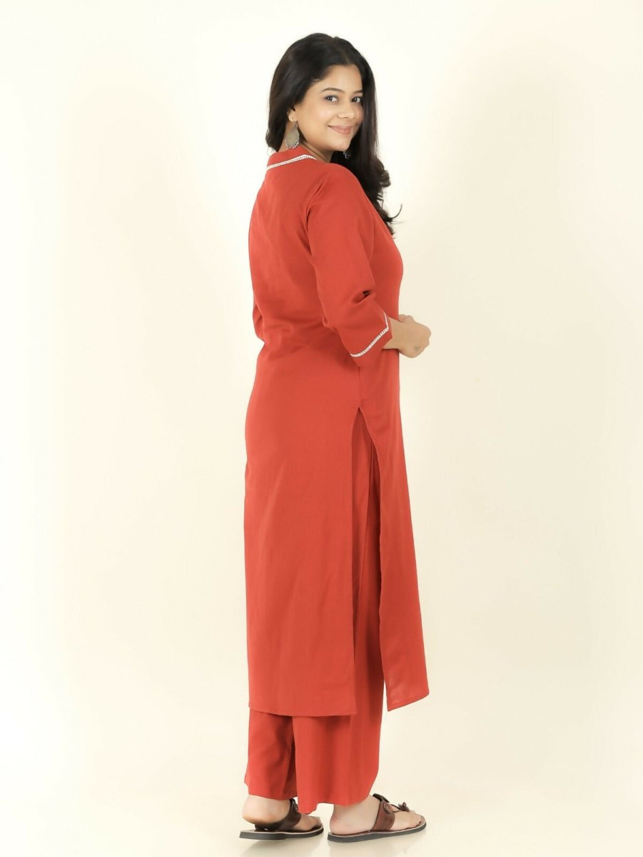 Aramya Red Linen Cotton Solid Straight Kurta for Women