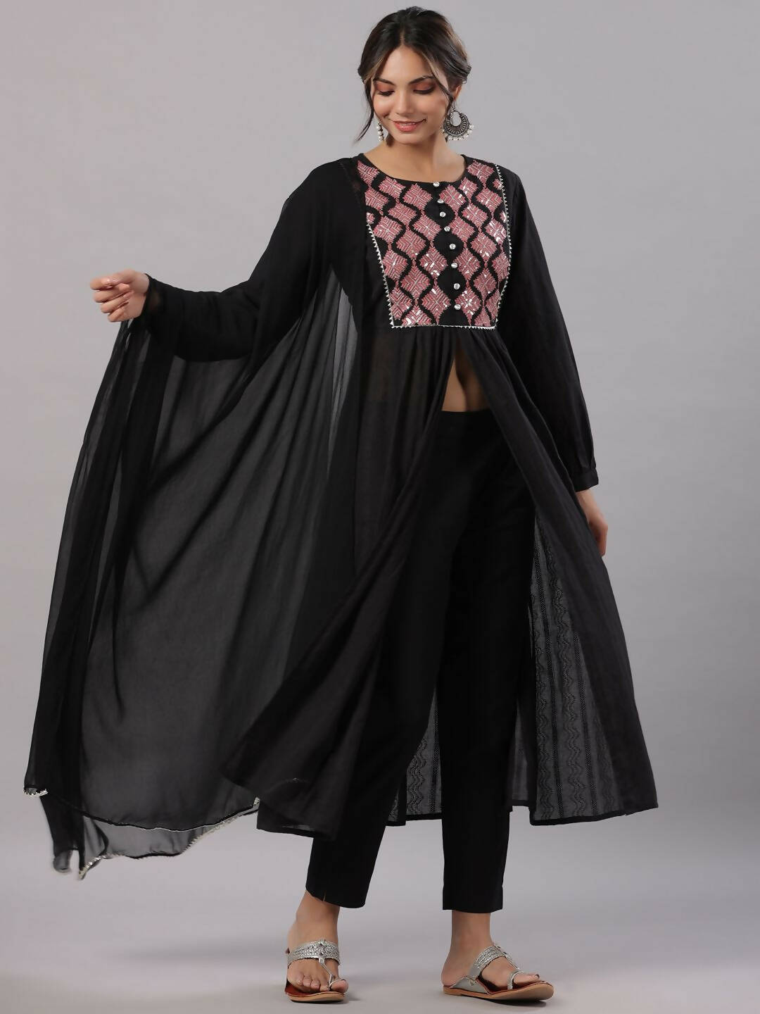 Juniper Women's Black Cotton Dobby Solid With Embroidery Flared Kurta Sets
