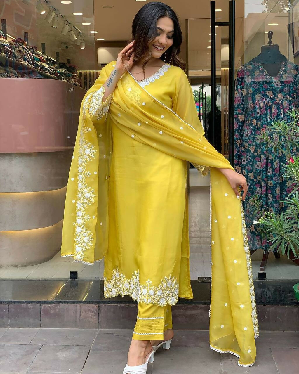 The52 Yellow Women's Gorgeous Embroidered Georgette Fabric Straight Kurta Pant with Dupatta Set