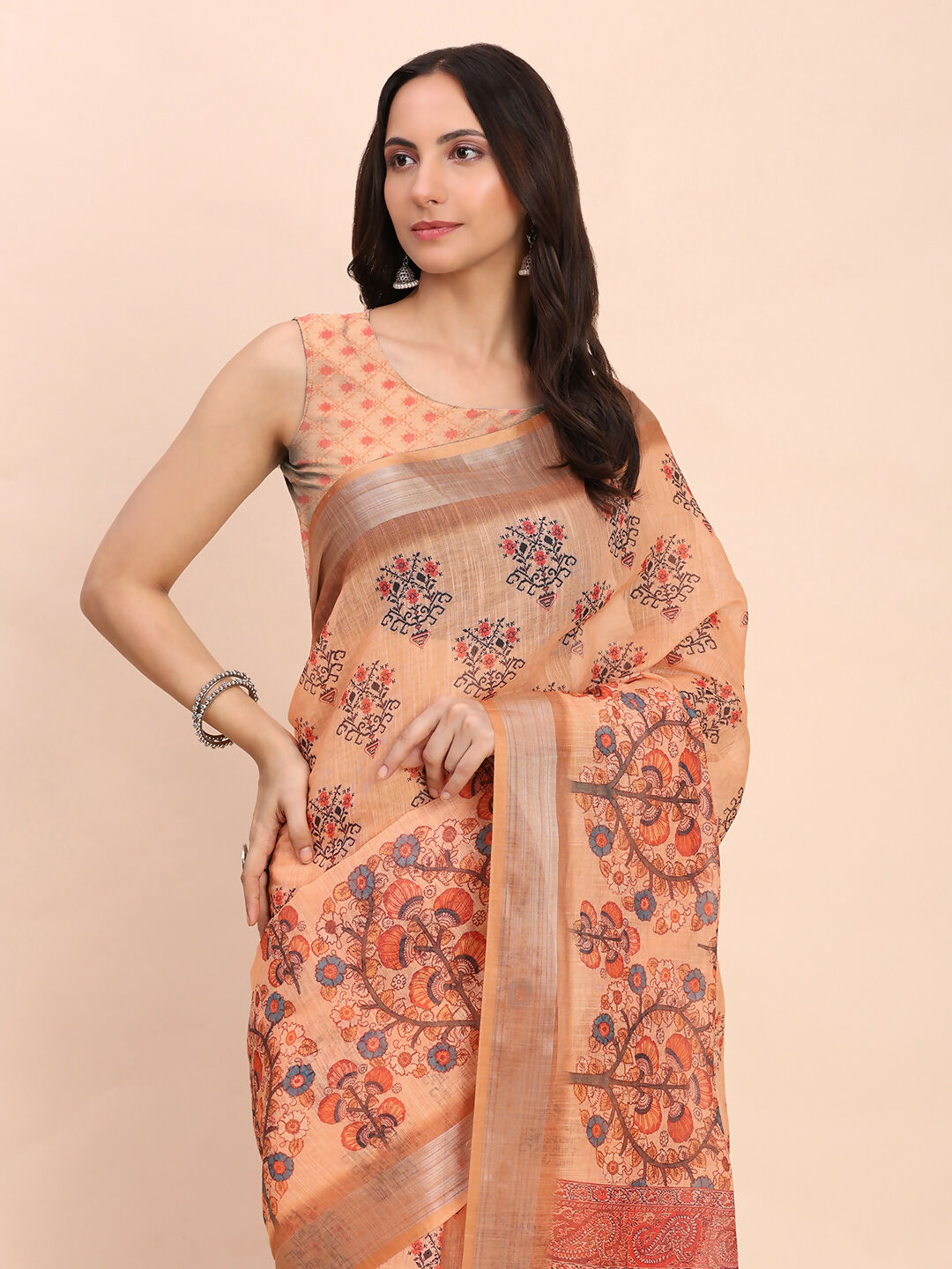 Shree Shyam Fashion Linen Cotton Orange Saree