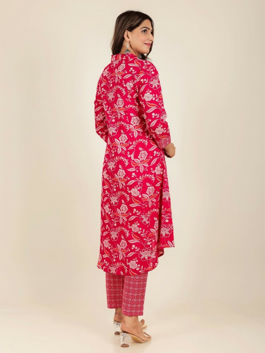 Aramya Red Soft Cotton Floral Print High Low Kurta Pant Set for Women