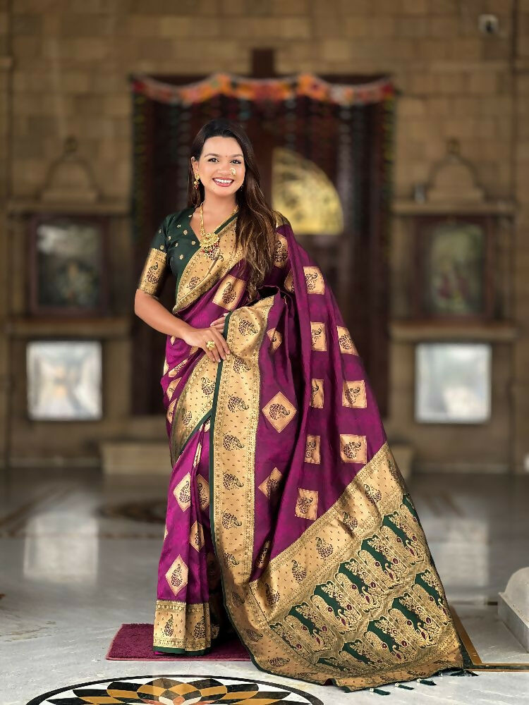 PR Fashion Wine Soft Banarasi Silk With Zari Weaving Meenakari Design Saree