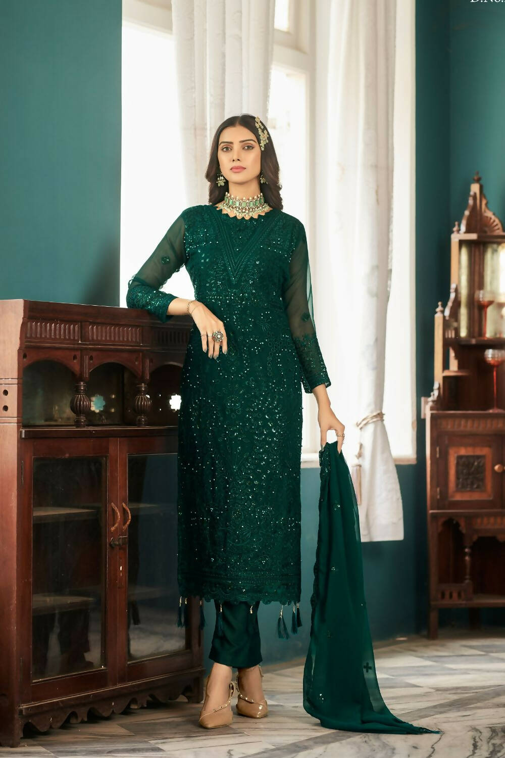 Dark Green Heavy Faux Georgette Embroidered Semi Stitched Suit - Dhvani
