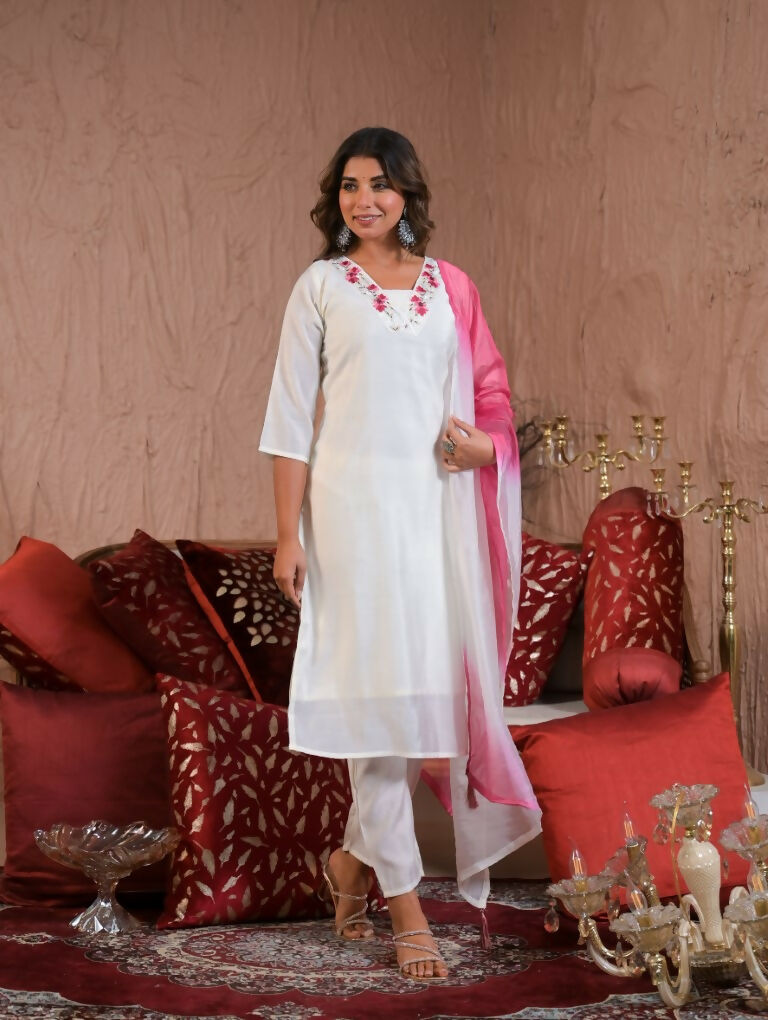 Ethnic Festive Wear Viscose Chanderi White Stitched Suit With Dupatta - Tanisha