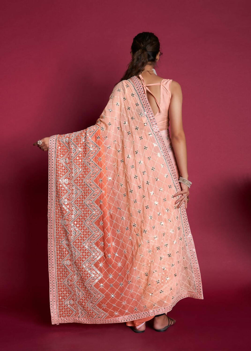 Vamsee Peach & White Georgette Designer Saree