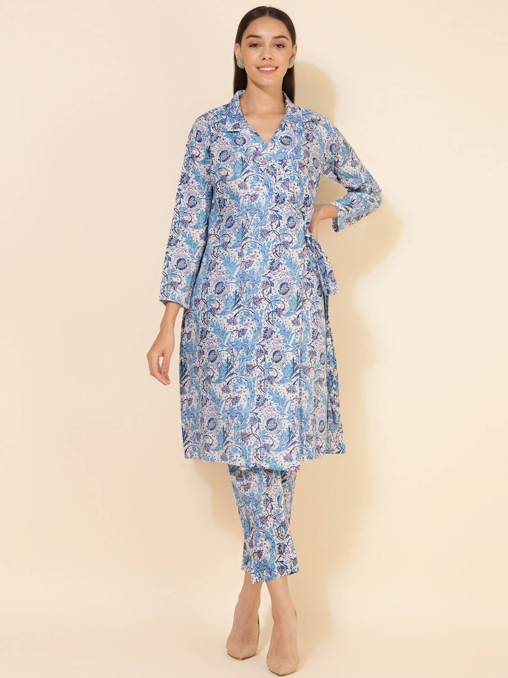 Janasya Women's White Cotton Floral Printed Casual Wrap Style Co-ords