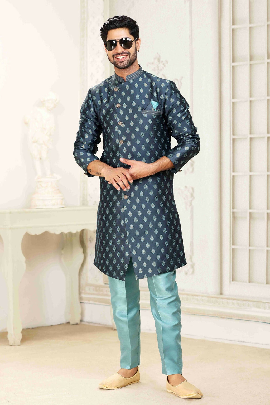 Raivat Ethnic Banarasi Jacquard Embroidery Semi Indo Western Sherwani In Grey Blue Colour