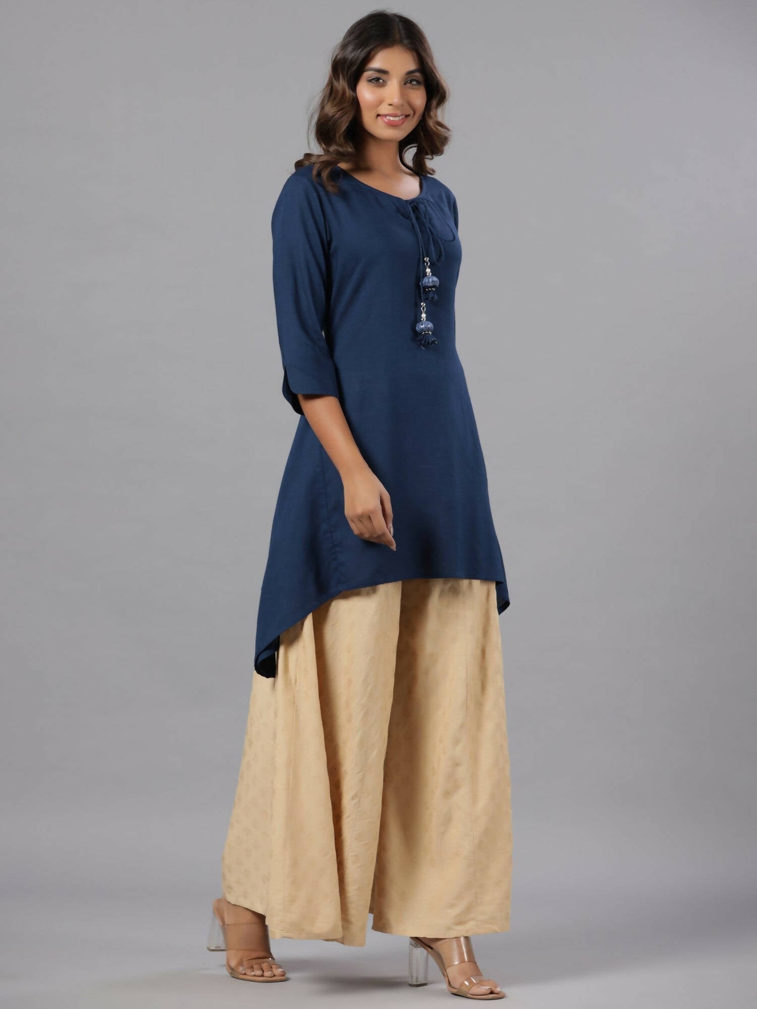Juniper Women Indigo Rayon Solid Asymmetric Kurta