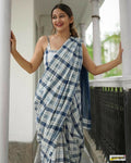 Exclusive Collection Beautiful Check Blue Pure Cotton Woven Handloom Saree With Running Blouse Piece