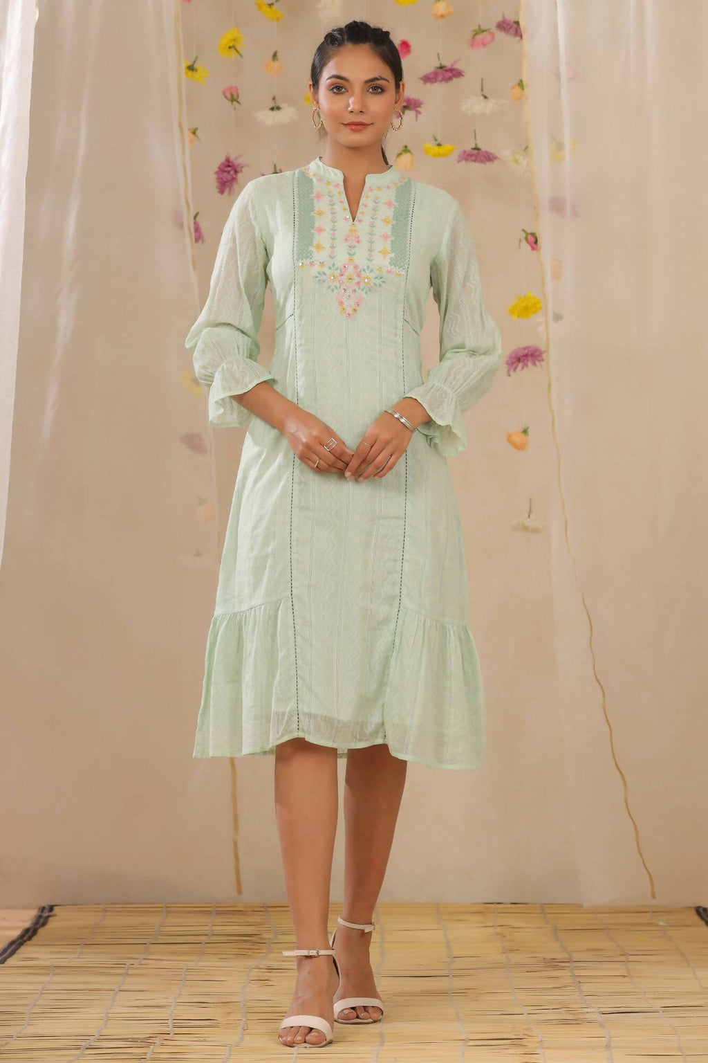 Juniper Women Sagegreen Cotton Dobby Woven Design A-Line Dress