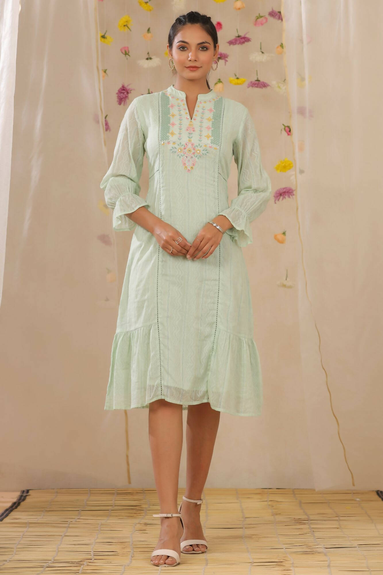 Juniper Women Sagegreen Cotton Dobby Woven Design A-Line Dress