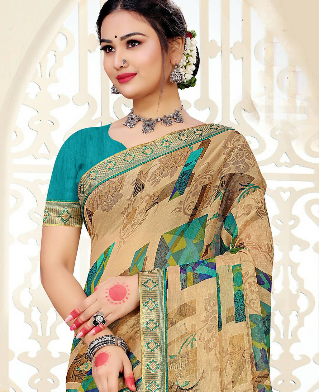Beige Chiffon Brasso Printed Saree With Unstitched Blouse Piece - Jyoti