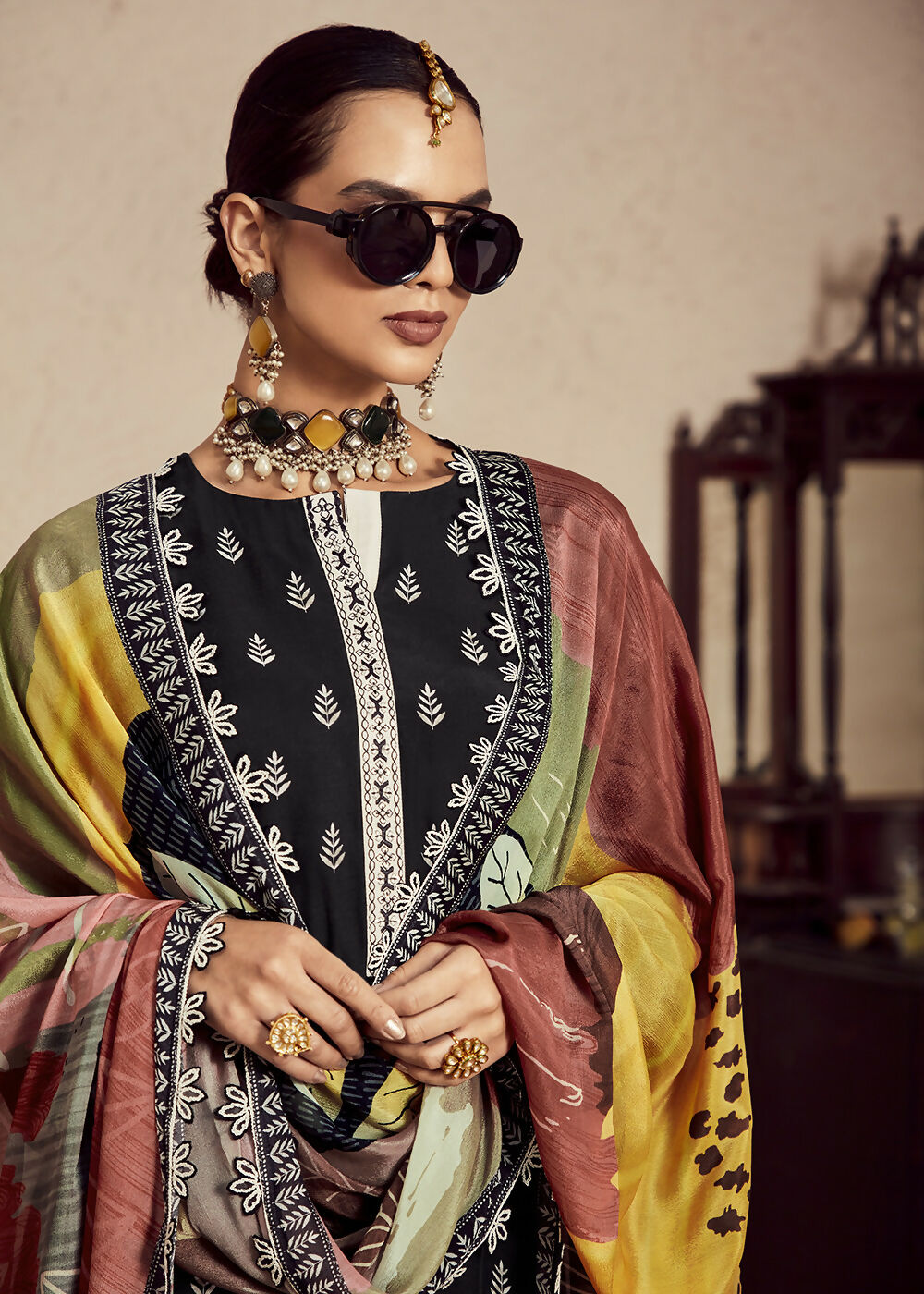 Muslin Cotton Black Digital Print & Embroidered Salwar Suit - Emponline