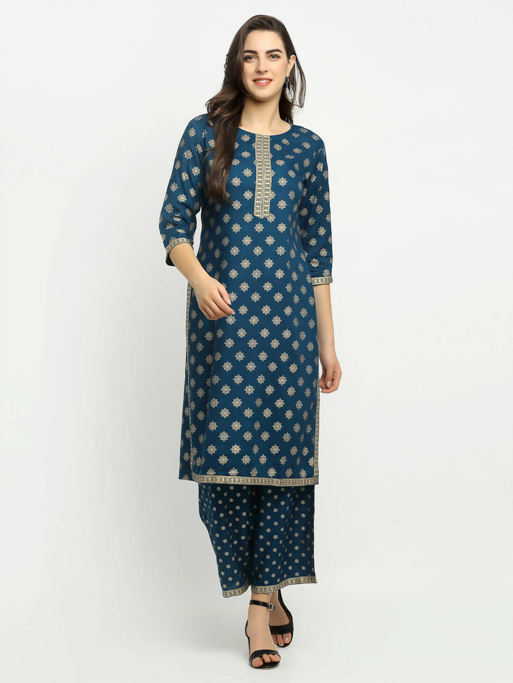 Rudra Bazaar Stright Gold Printed Kurti With Palazzo