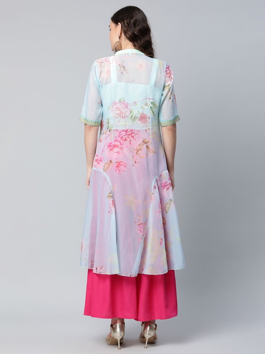 Ahalyaa Women Sea Green Floral Printed Top With Kurta