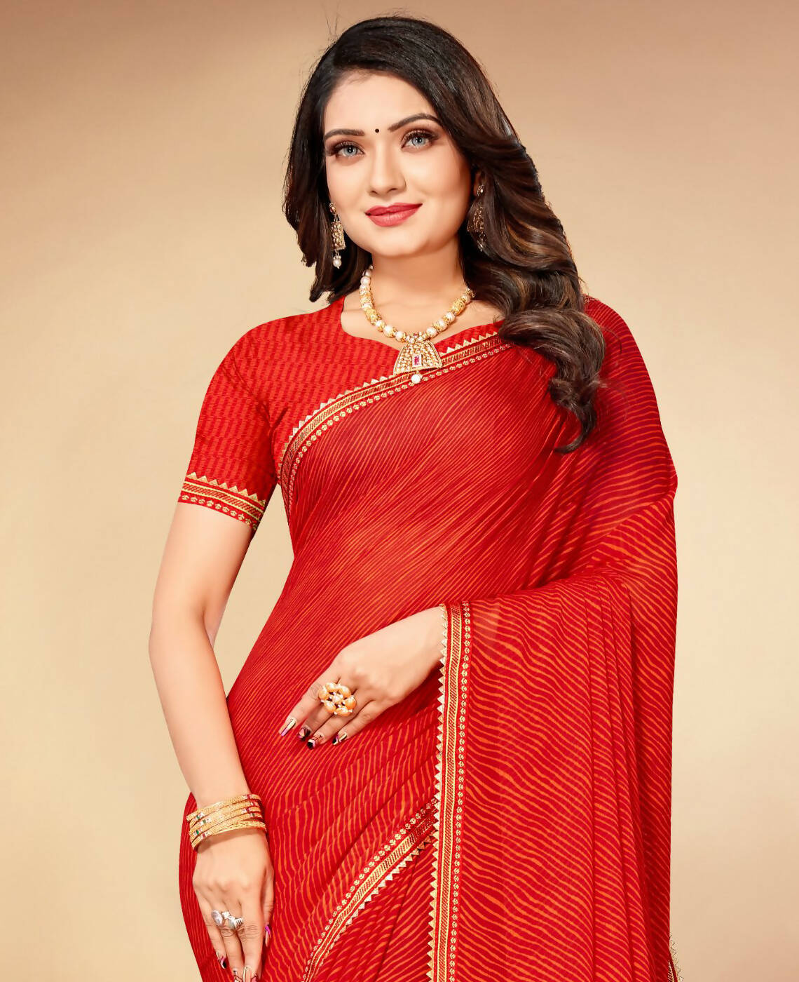 Red Chiffon Leheriya Printed Saree With Unstitched Blouse Piece - Swarna