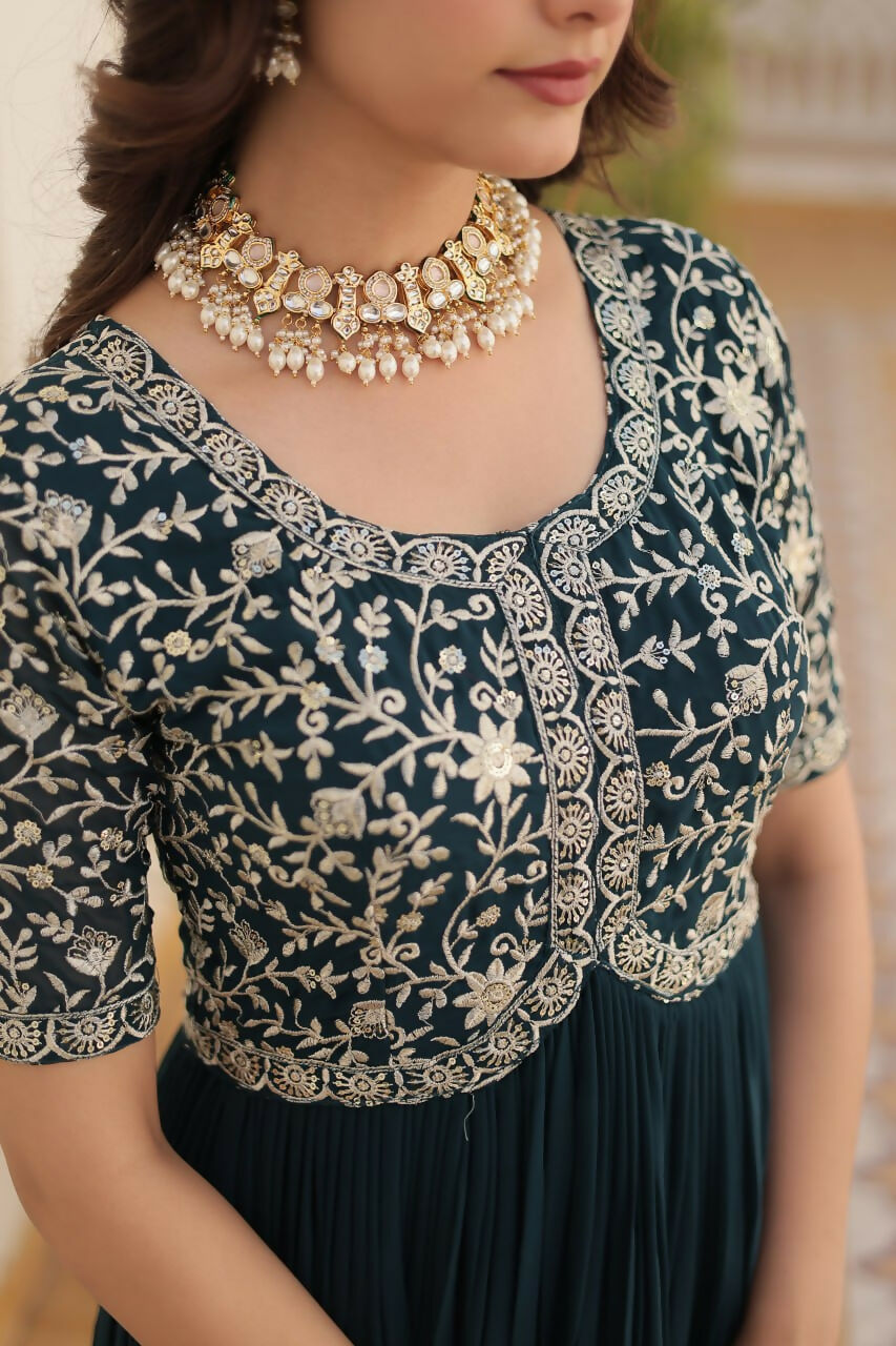 Vastranavya Faux Blooming with Embroidery Zari Sequins-work Gown - Teal