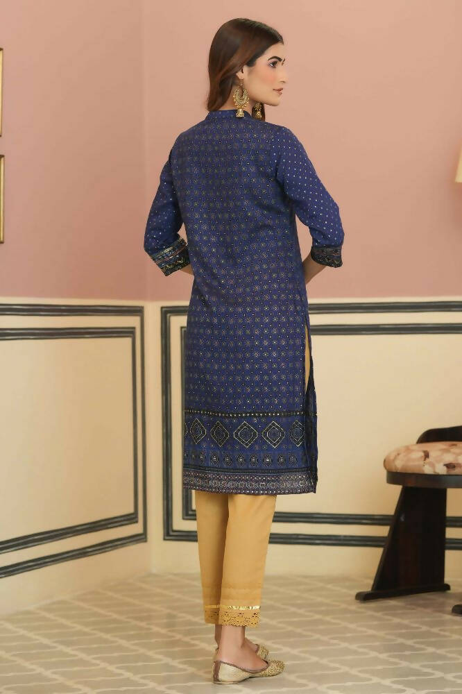 Juniper Indigo Rayon Festive Gold Foil Printed Straight Kurta For Women