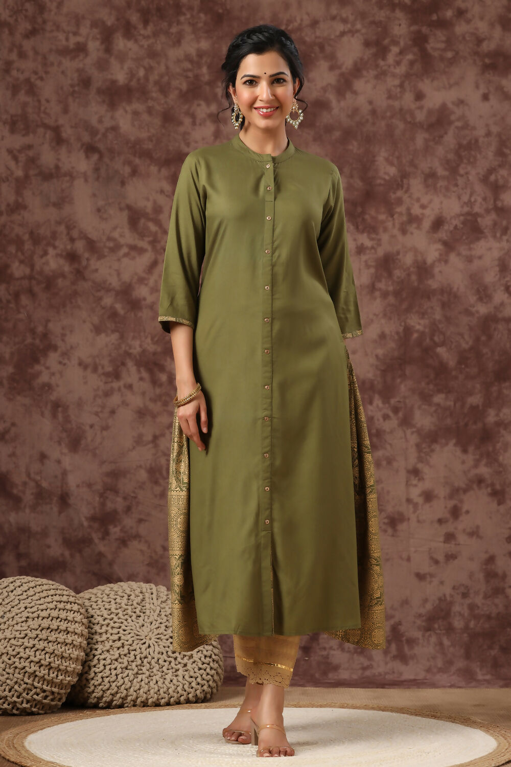 Juniper Olive Ethnic Motif Printed Rayon A-Line Women Kurta