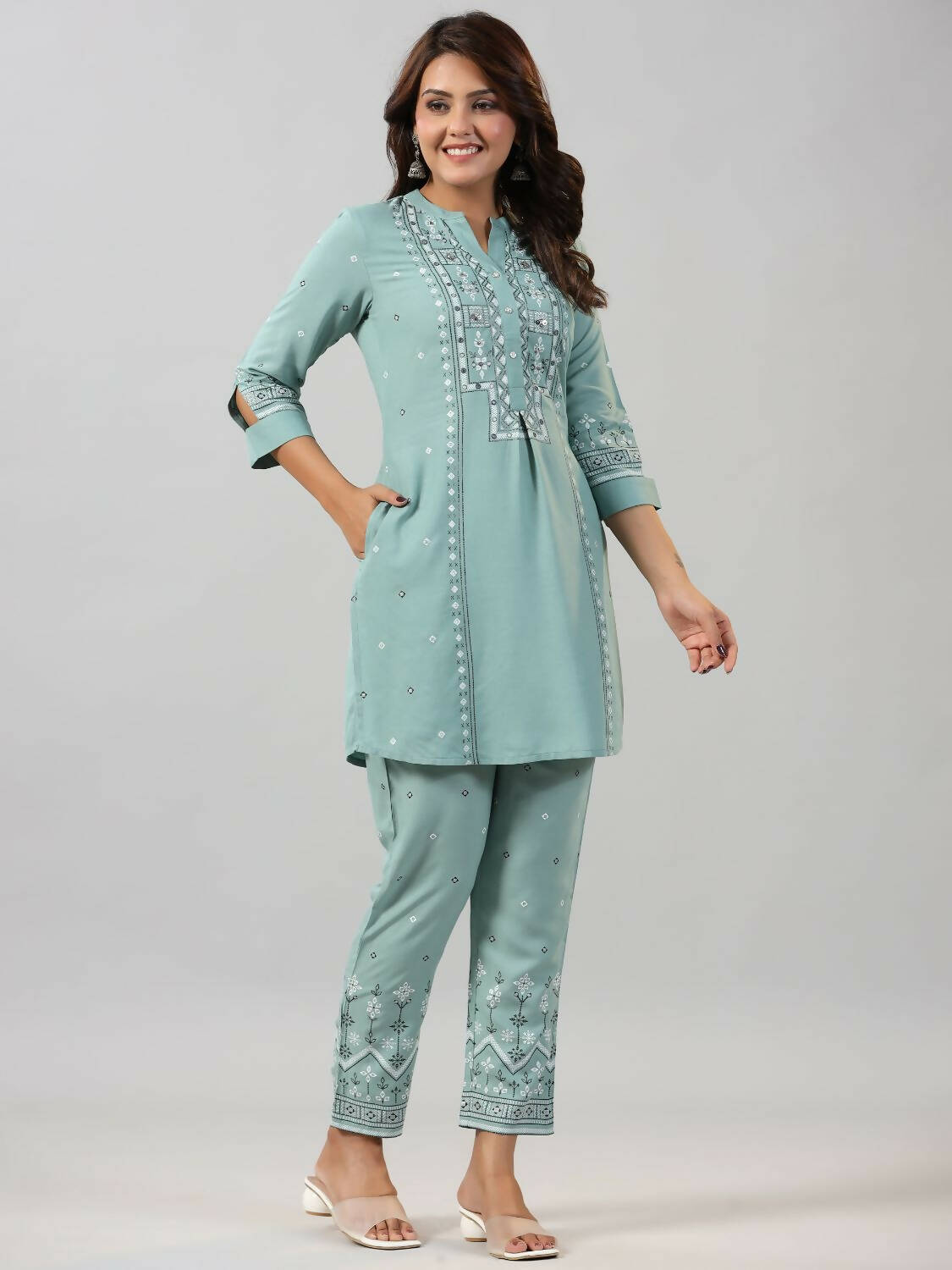Juniper Women Sage Green Rayon Staple printed Kurta and Pants Set