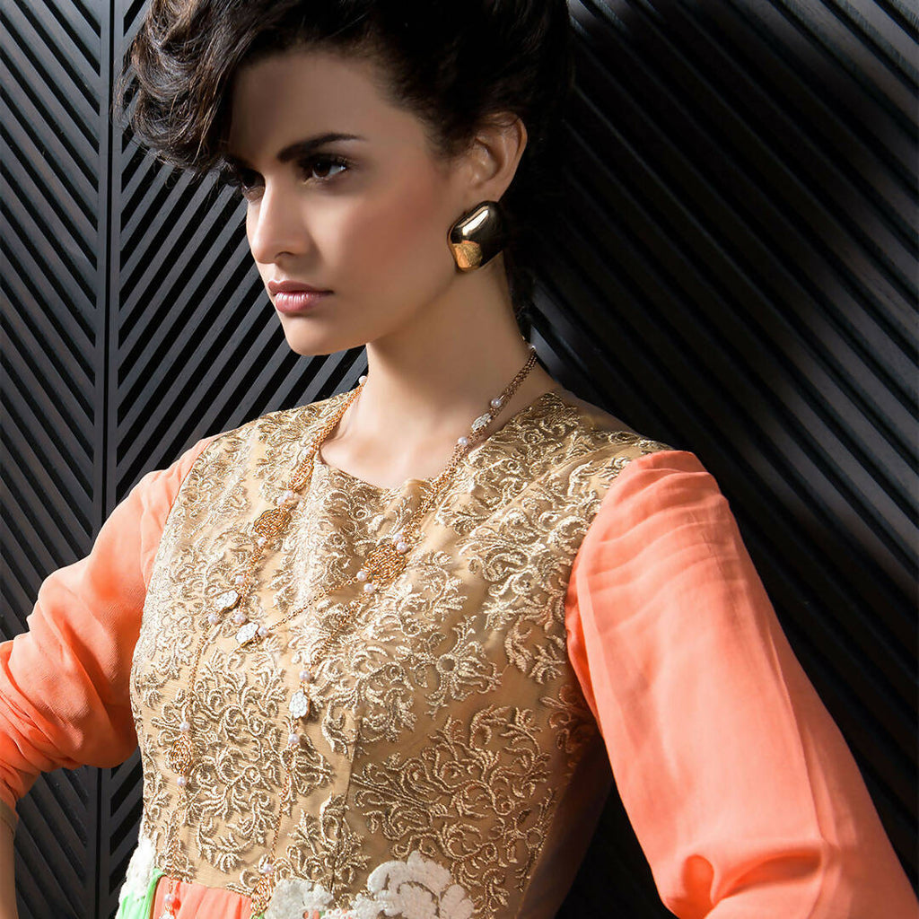 Orange Georgette Floral Embroidered A-line Kurti - Missy