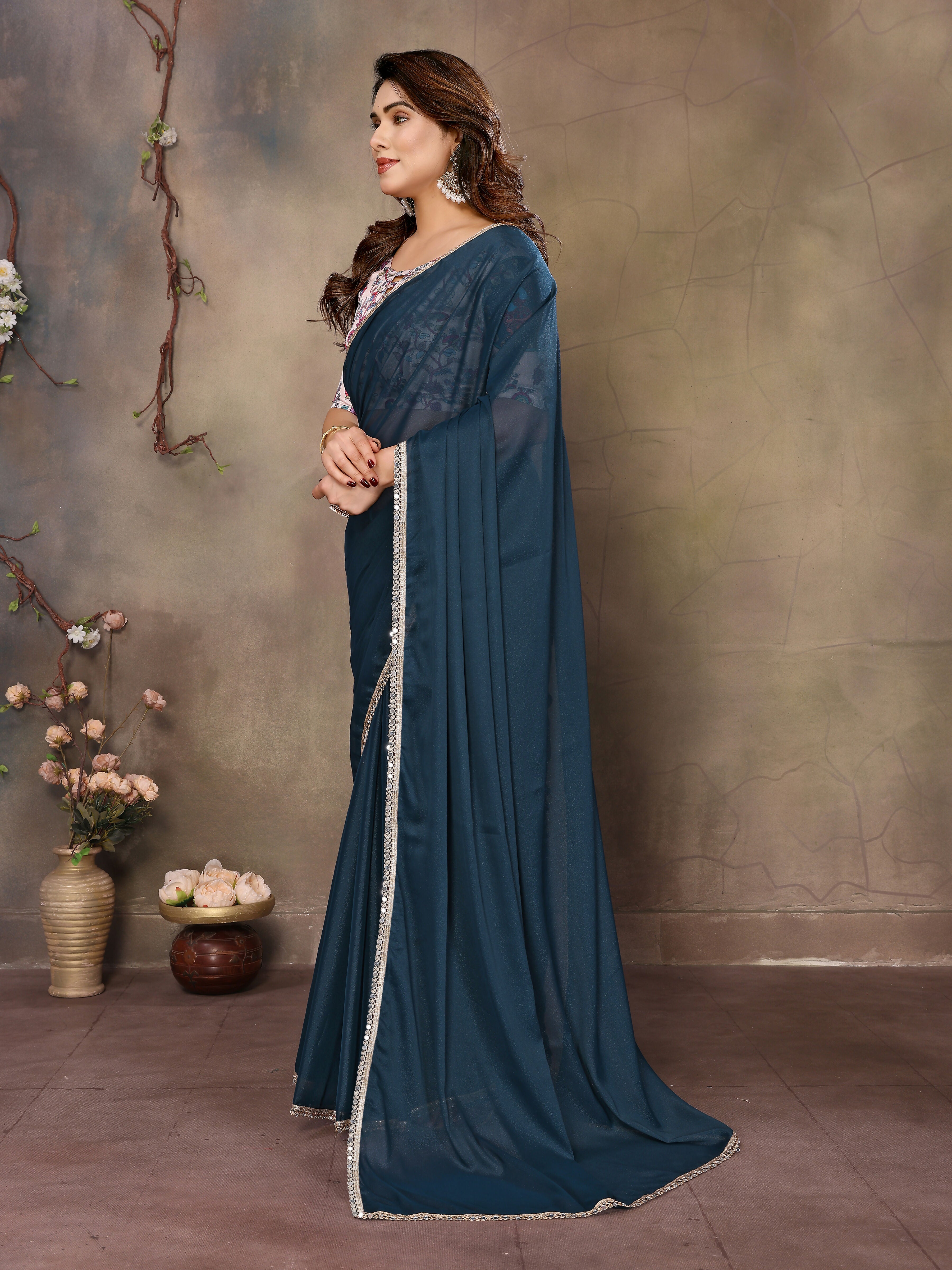 Partywear traditional Georgette Morpich Fancy Saree - Anbazaar