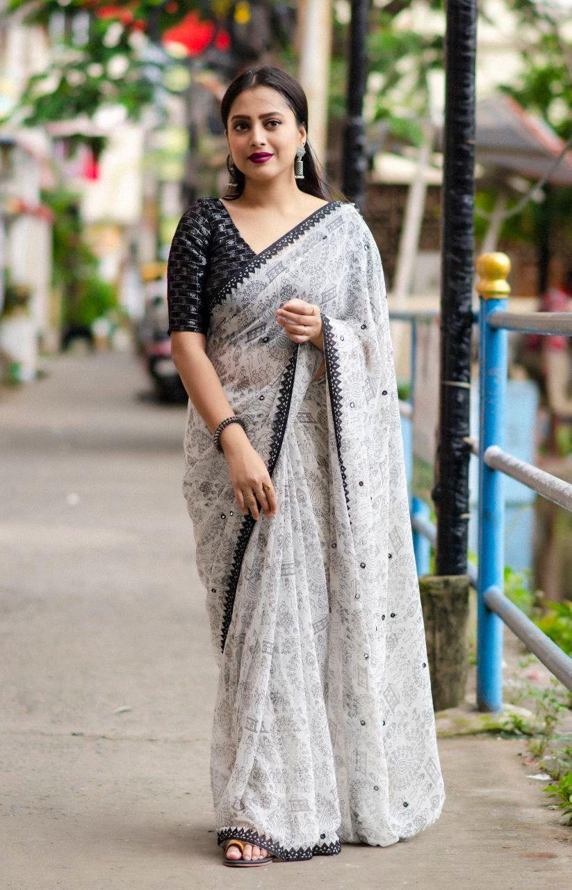 Black Pure Georgette Warli Saree with Unstitched Blouse - Hiral Fashion