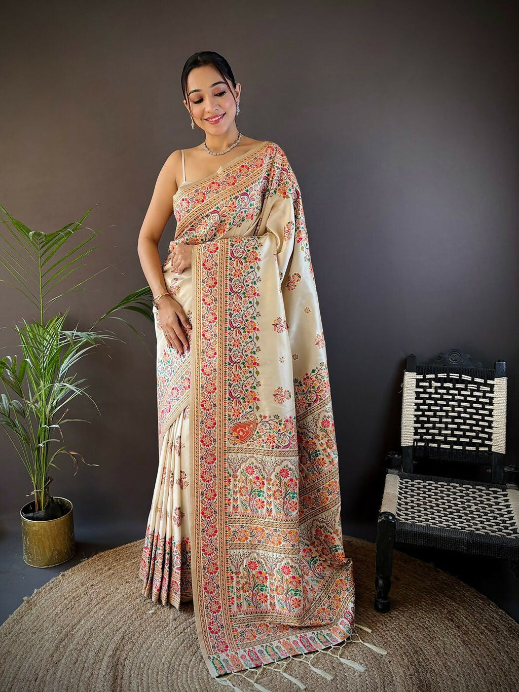 Joban Fashion White Meena Weaves Pashmina Sarees