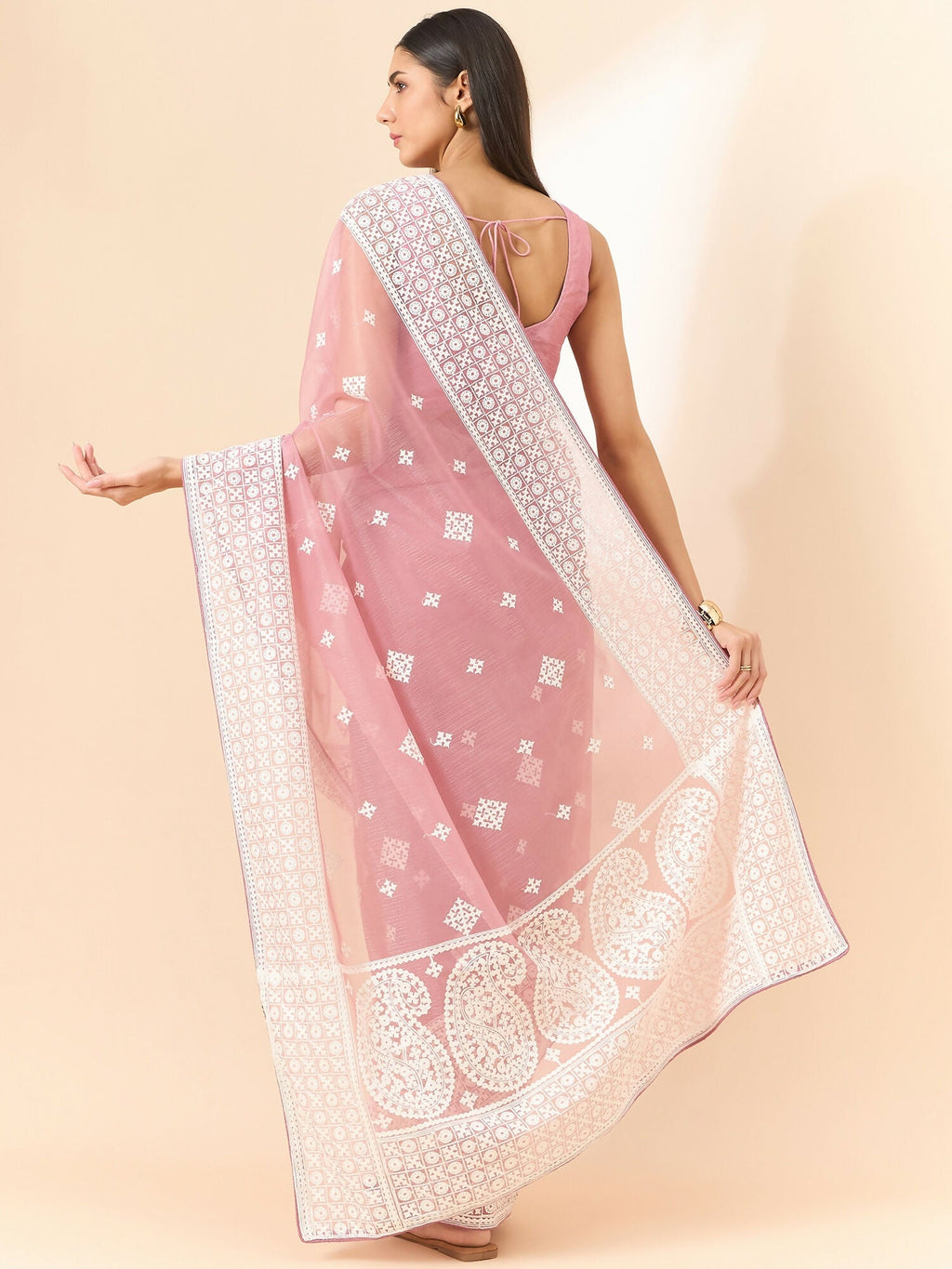 Pink Organza Geometric Embroidered Saree with Unstitched Blouse Piece - Roozal