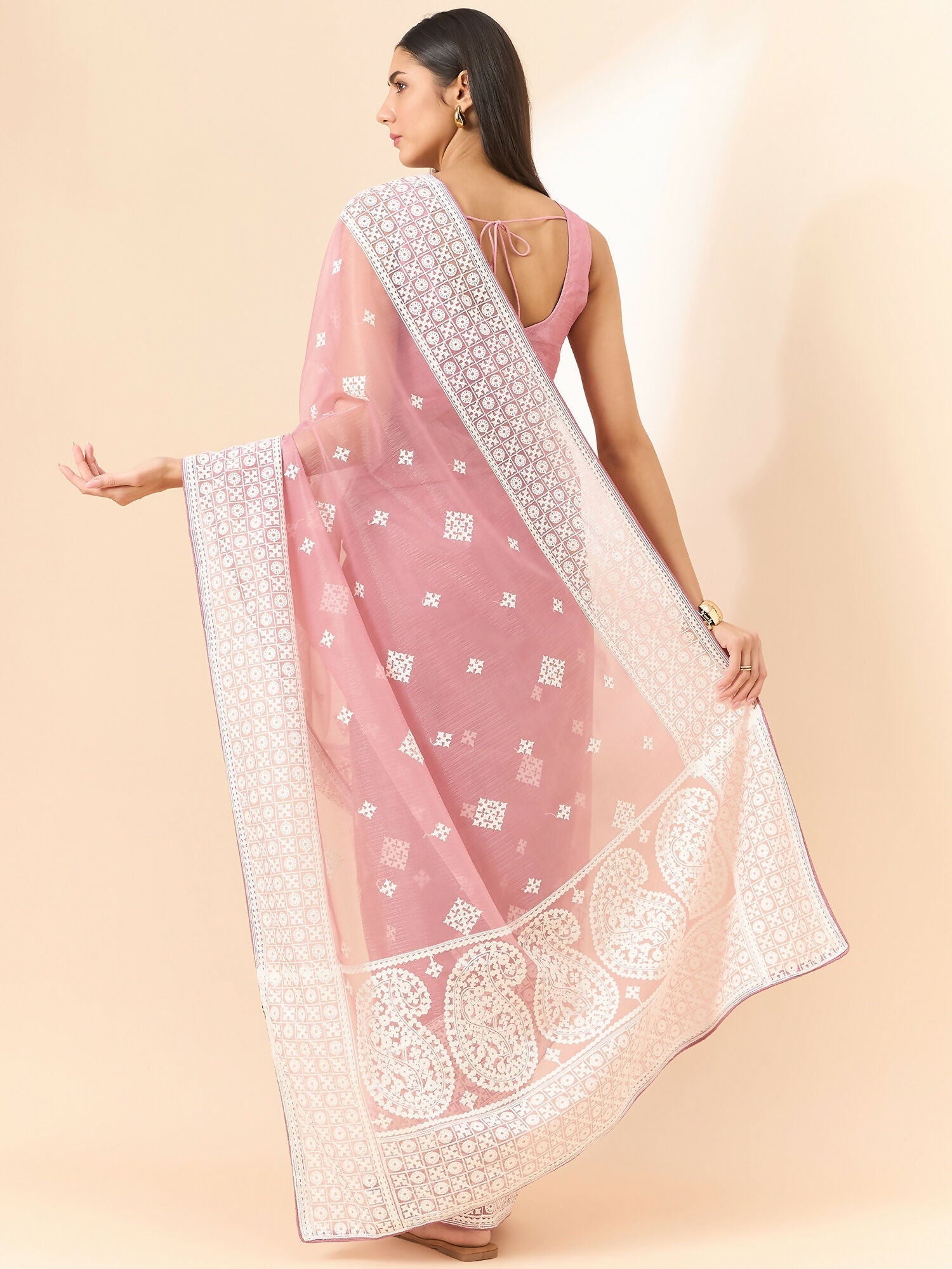 Pink Organza Geometric Embroidered Saree with Unstitched Blouse Piece - Roozal