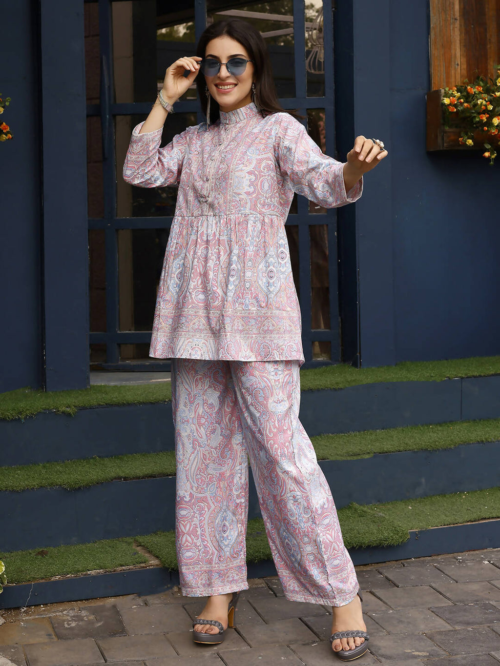 Light Pink Rayon Floral Printed Top with Matching Bottom - Eesha
