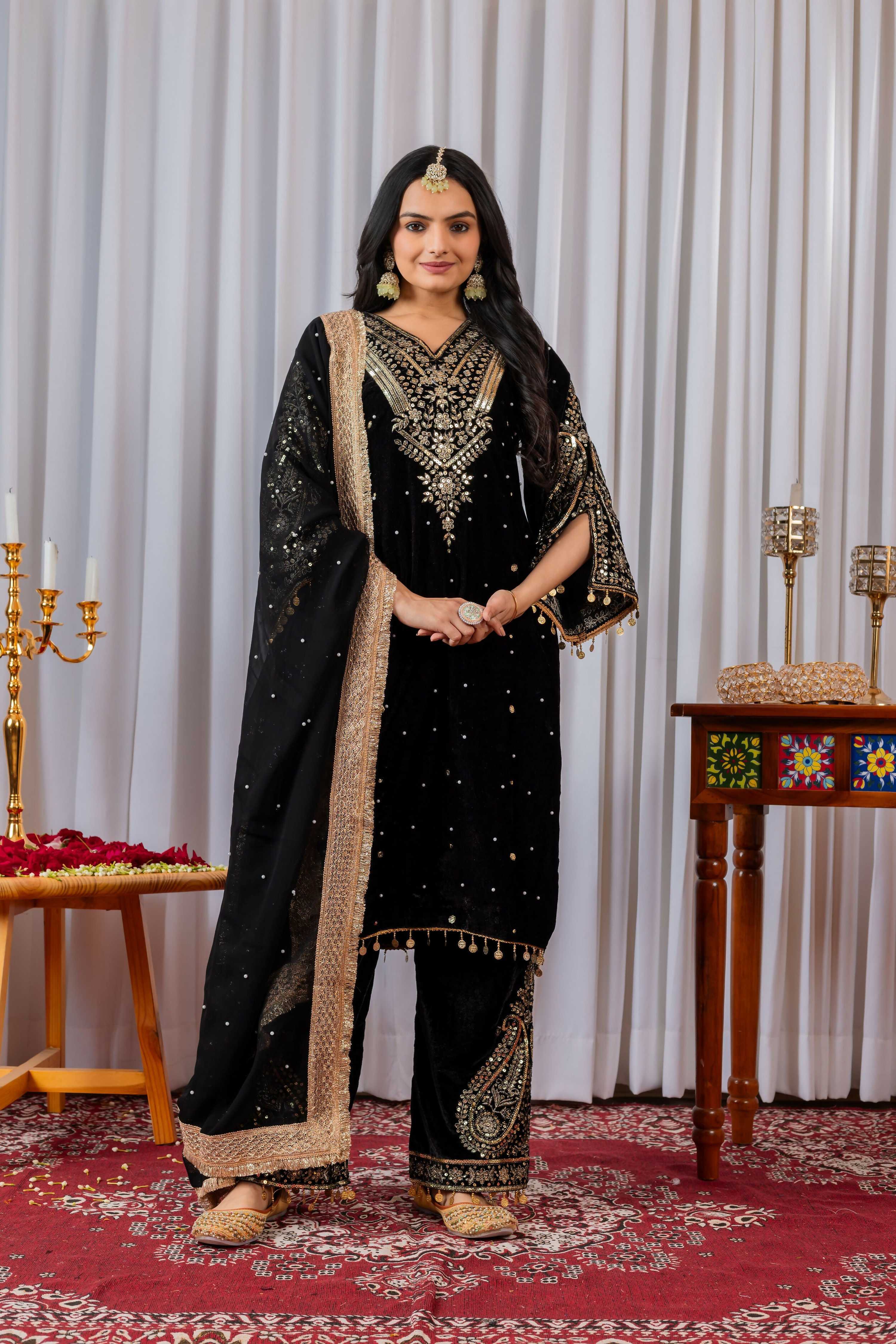 Teeya Creation Black Color Velvet Silk Embroidery Work Party Wear Suit