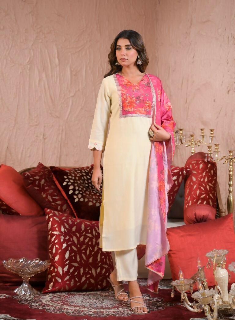 Ethnic Festive Wear Chanderi With Lining White & Pink Stitched Suit With Dupatta - Tanisha