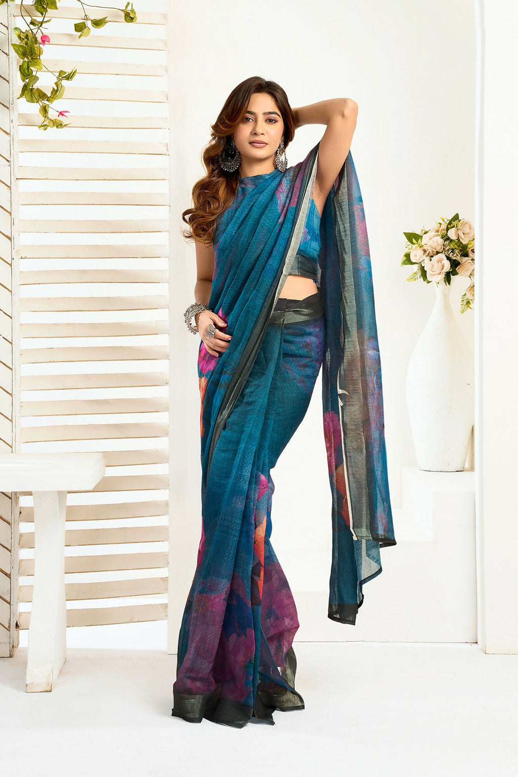 Vastranavya Teal Digital Printed Linen Ready To Wear Designer Saree with Unstitched Blouse