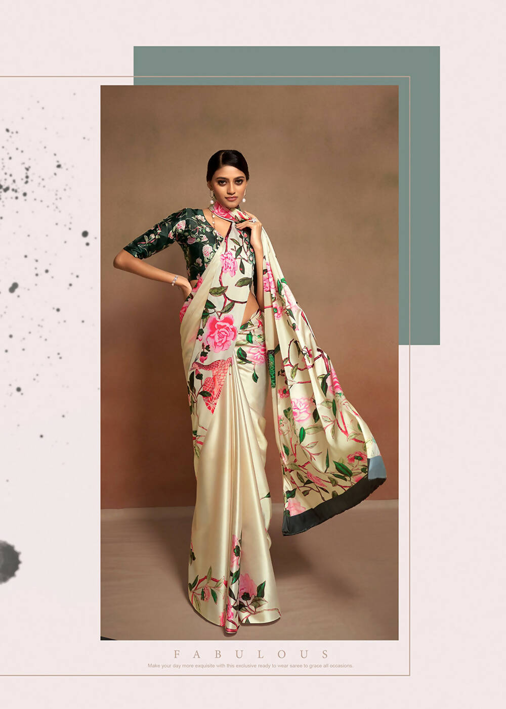 Beige Satin Digital Printed Saree with Unstitched Blouse Piece - Jodha