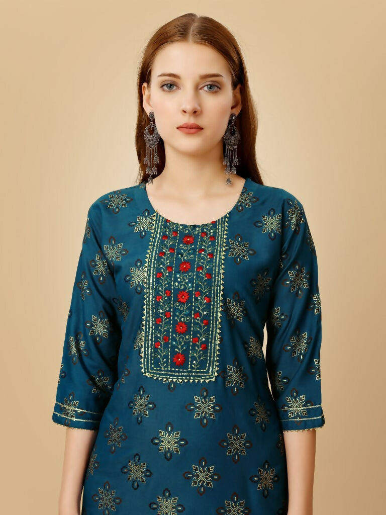 Jyoti Fashion Women's Navy Blue Viscose Rayon Embroidered Kurta Pant Set
