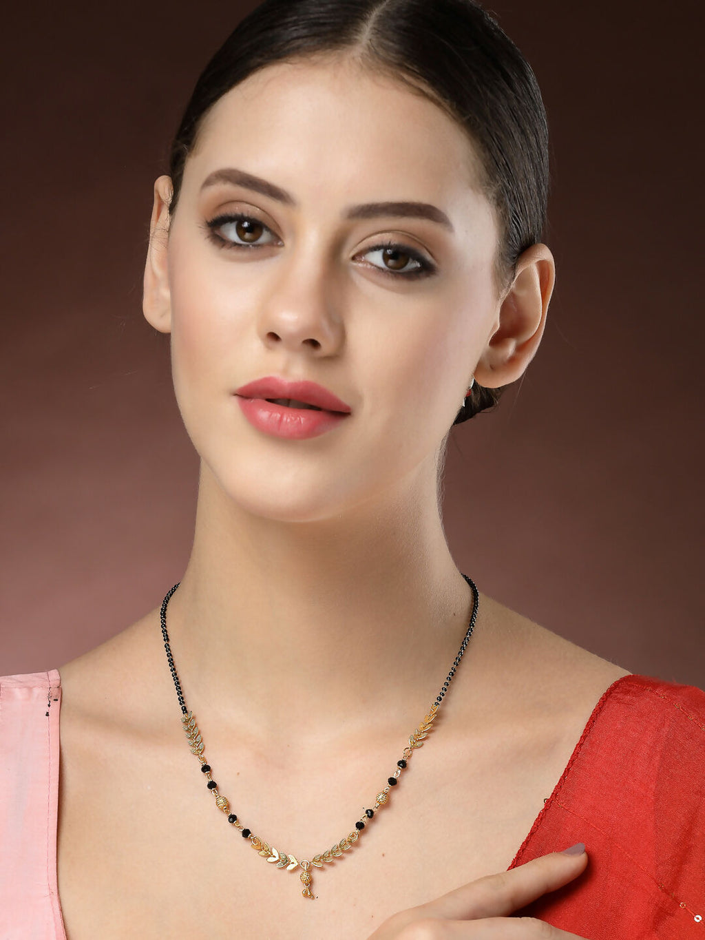 NVR Women's Short Mangalsutra Designs Gold-Polished & Black Beaded Mangalsutra