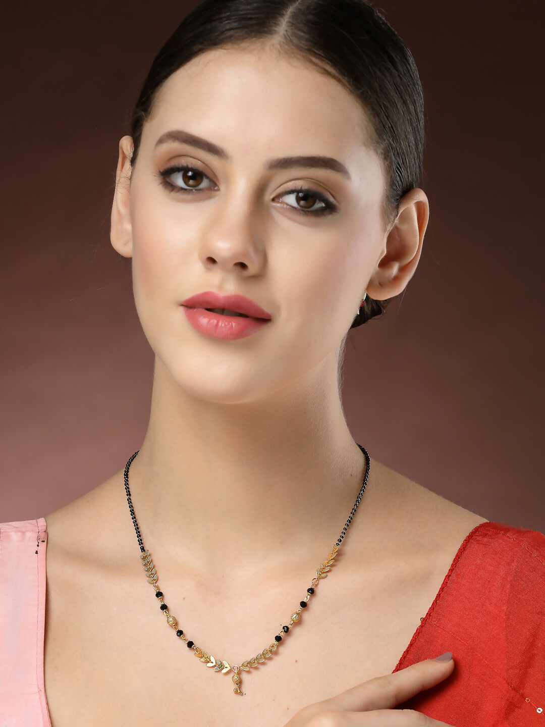 NVR Women's Short Mangalsutra Designs Gold-Polished & Black Beaded Mangalsutra