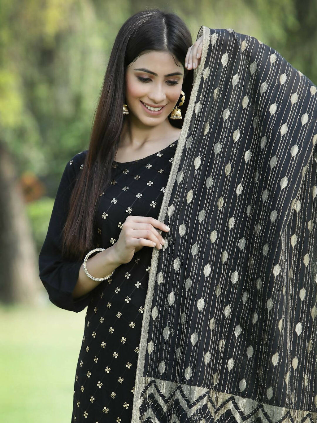 Juniper Women's Black Rayon Embellished Straight Kurta Sets