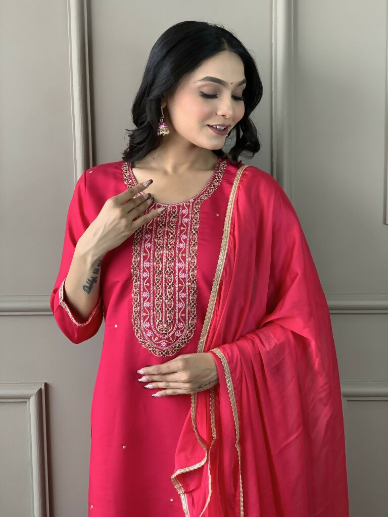 Rani Viscose chanderi Stitched Suit With Dupatta - Tanisha