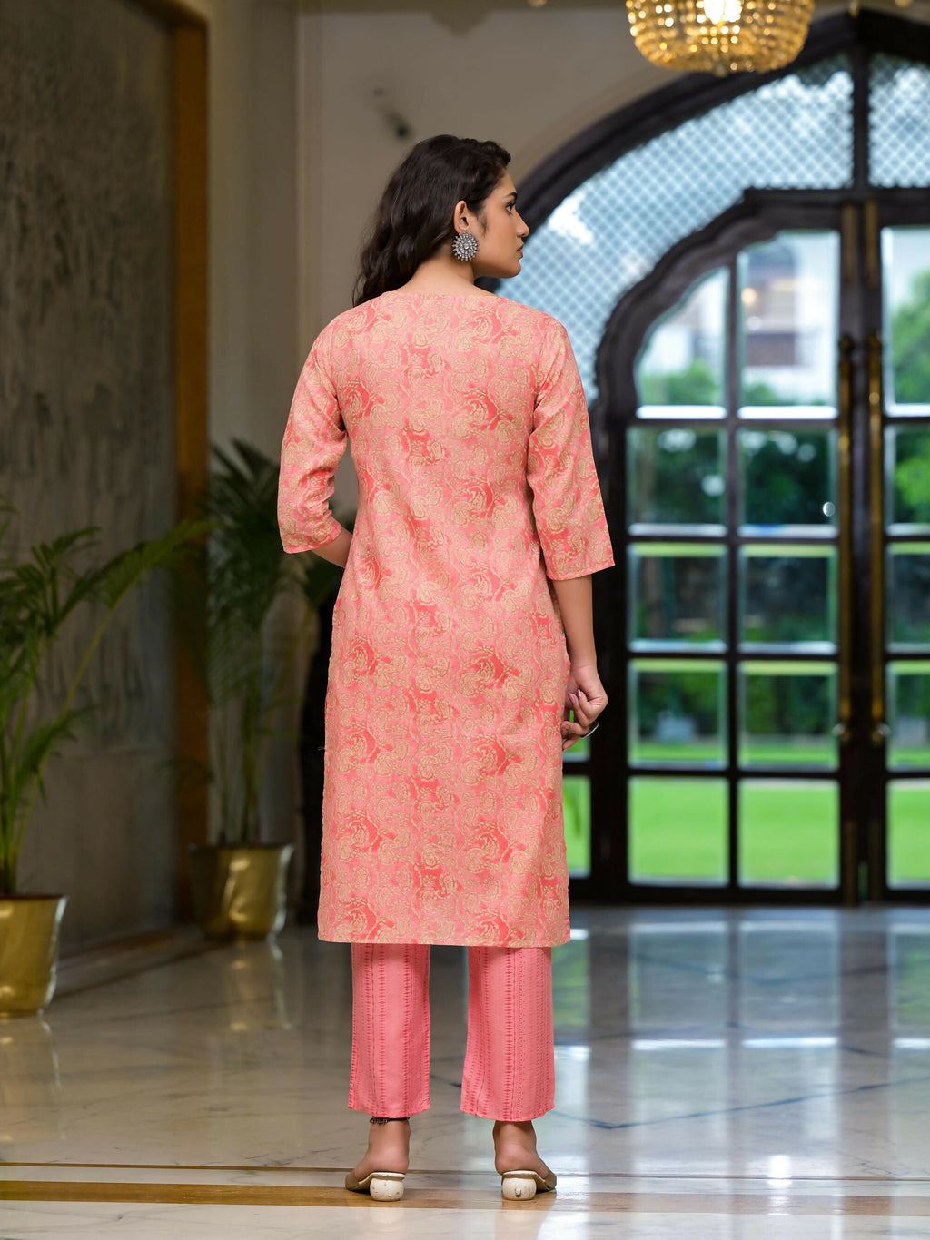 Juniper Women's Pink Ethnic Motif Printed Cotton Kurta Pant And Dupatta Set With Mirror Work & Sequins