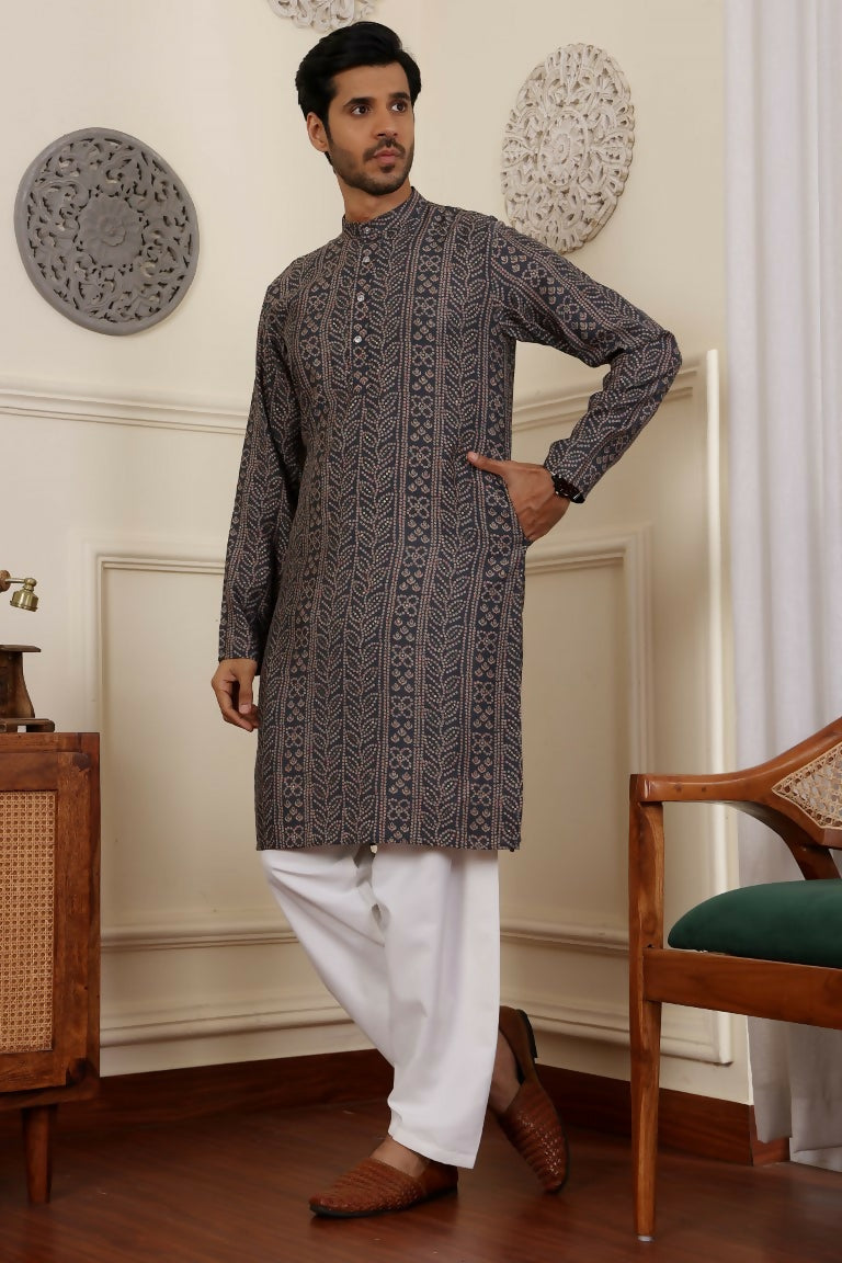 Blue Modal Silk Woven Designer Men's Rajwadi Kurta Set - Mahotsav
