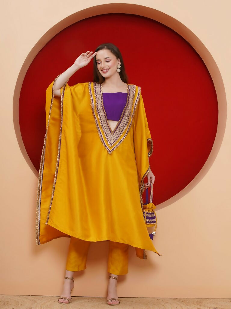 Joban Fashion Yelow Kaftaan Set with ineer and Potli