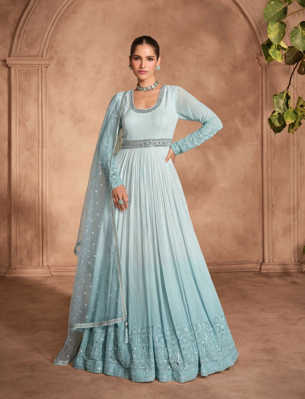 Vastranavya Sky Blue Chikankari Embroidered Sequence Work Abaya Suit
