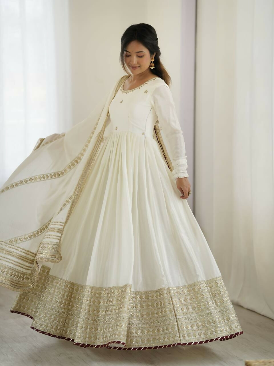 Teeya Creation White Chinon Silk Gown