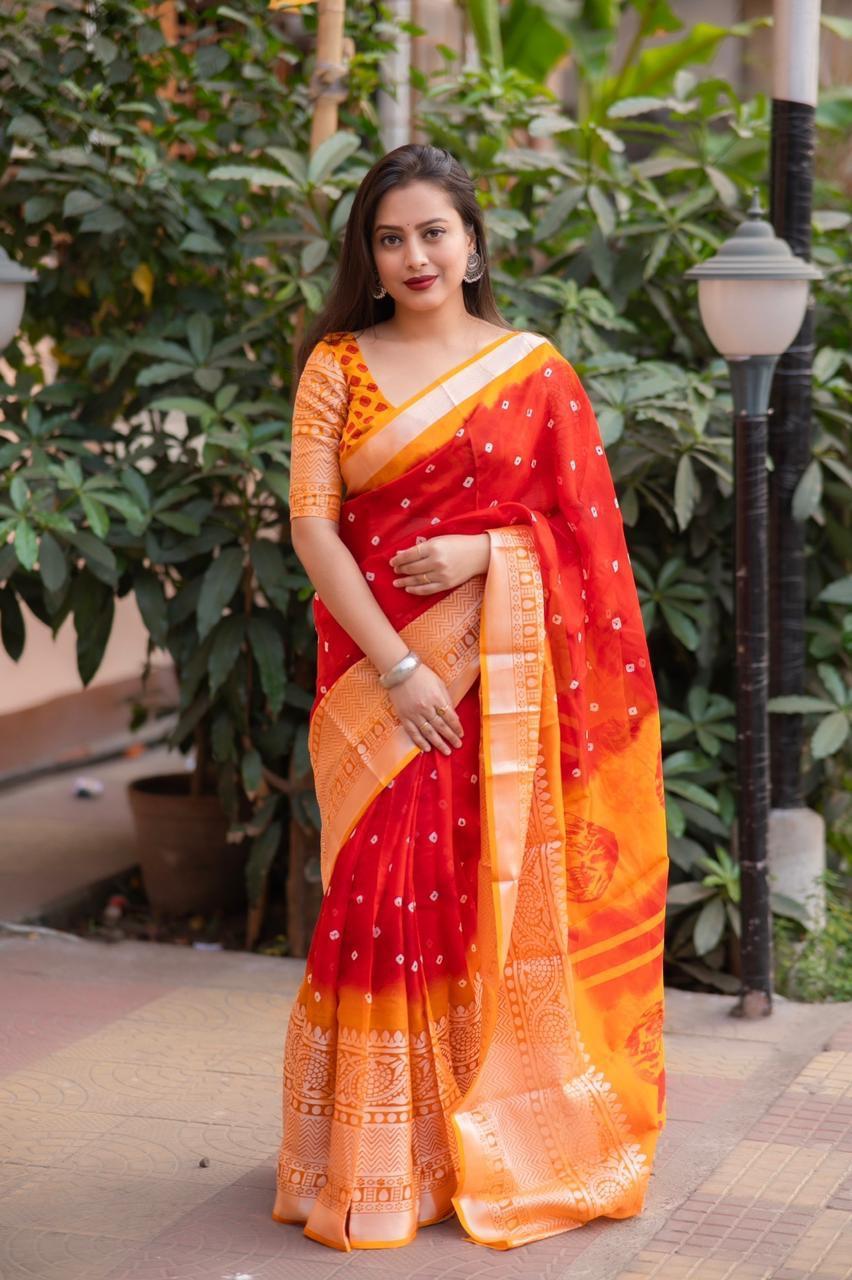 Red Jute Silk Ethnic Motifs Saree with Unstitched Blouse - Hiral Fashion